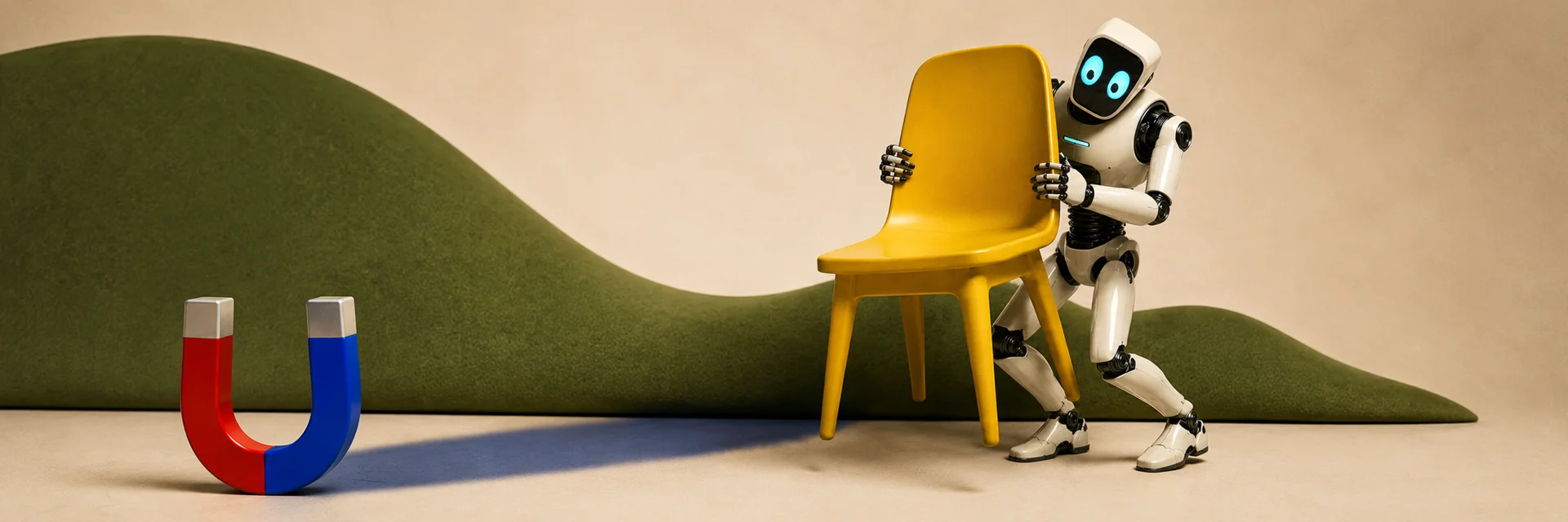 MAGNOPE carrying the yellow chair in front of itself as a shield, backing away from the horseshoe magnet across the studio floor.